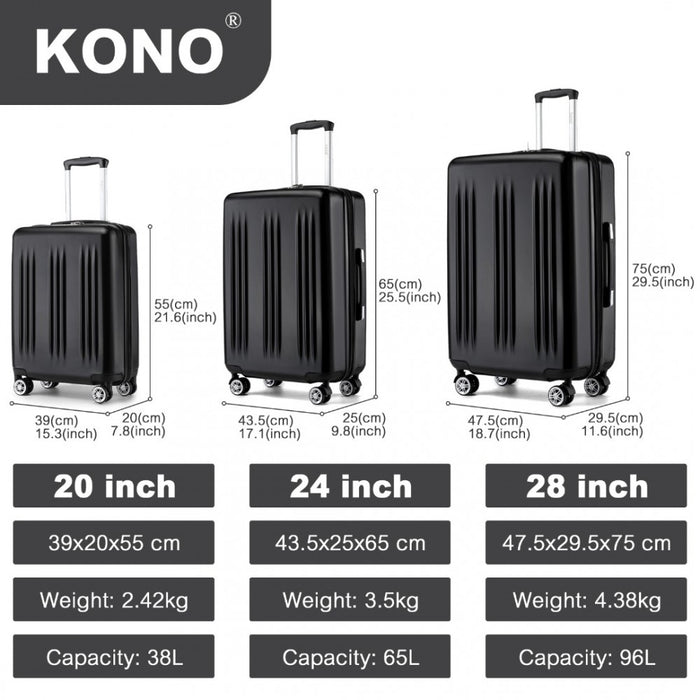 3-Piece Luggage Set Striped Expandable ABS+PC Suitcase with Four Spinner Wheels – 20/24/28-Inch – Black