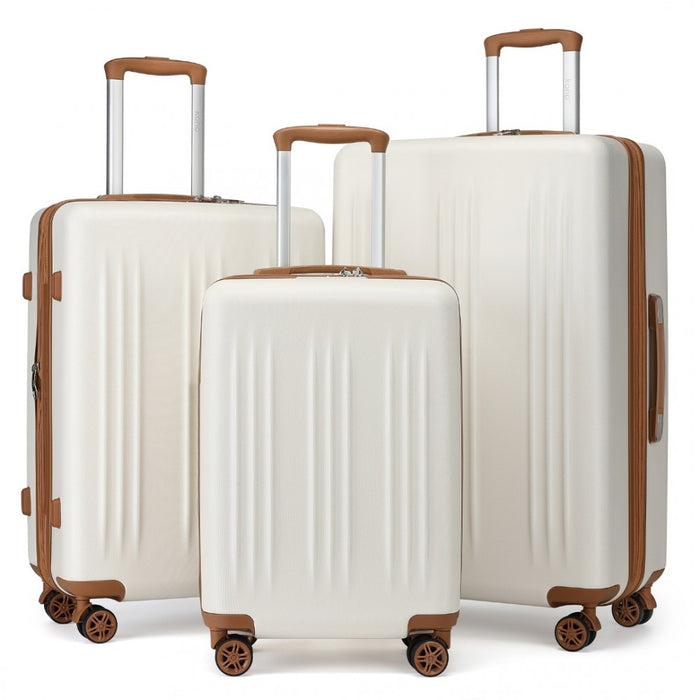 3-Piece Luggage Set Striped Expandable ABS+PC Suitcase with Four Spinner Wheels – 20/24/28-Inch – Cream and Brown