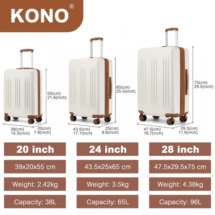3-Piece Luggage Set Striped Expandable ABS+PC Suitcase with Four Spinner Wheels – 20/24/28-Inch – Cream and Brown