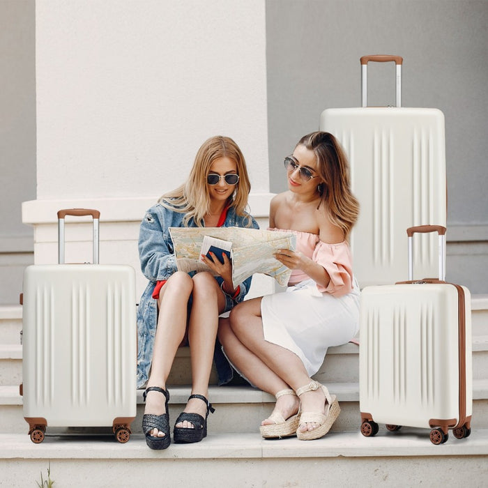3-Piece Luggage Set Striped Expandable ABS+PC Suitcase with Four Spinner Wheels – 20/24/28-Inch – Cream and Brown