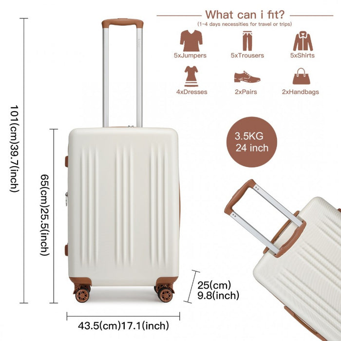 Striped Check-In Suitcase Expandable ABS+PC Luggage with Four Spinner Wheels TSA Lock – 24-Inch – Cream and Brown