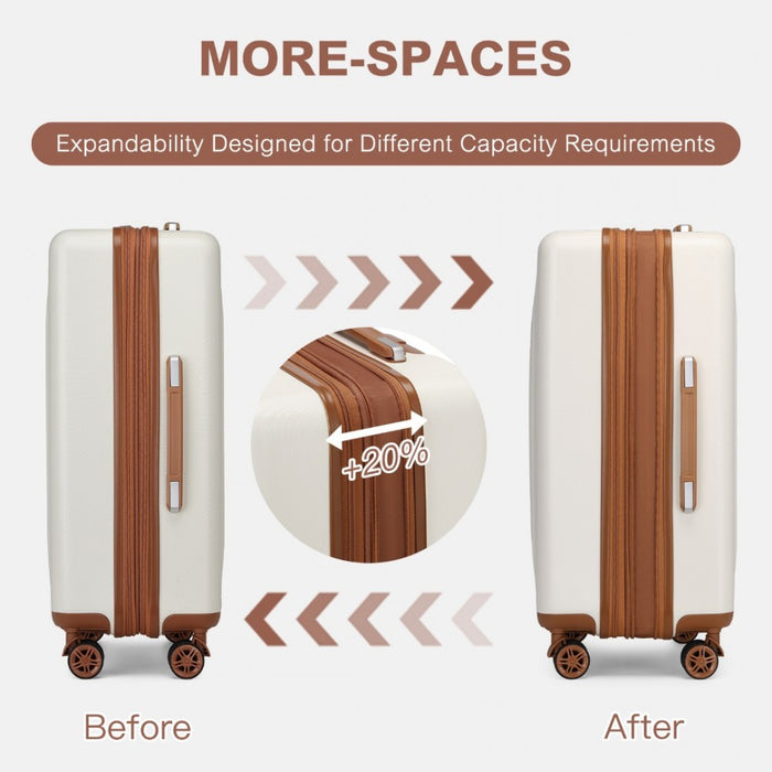 Striped Check-In Suitcase Expandable ABS+PC Luggage with Four Spinner Wheels TSA Lock – 28-Inch – Cream and Brown