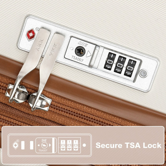 Striped Check-In Suitcase Expandable ABS+PC Luggage with Four Spinner Wheels TSA Lock – 28-Inch – Cream and Brown