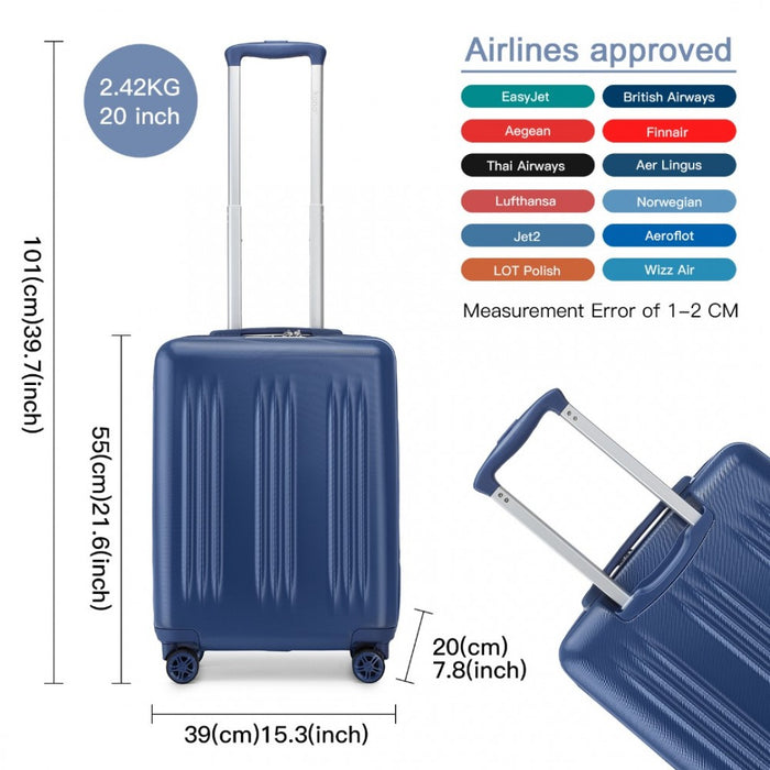 Striped Carry-On Suitcase ABS+PC Luggage with Four Spinner Wheels and TSA Lock – 20-Inch – Navy