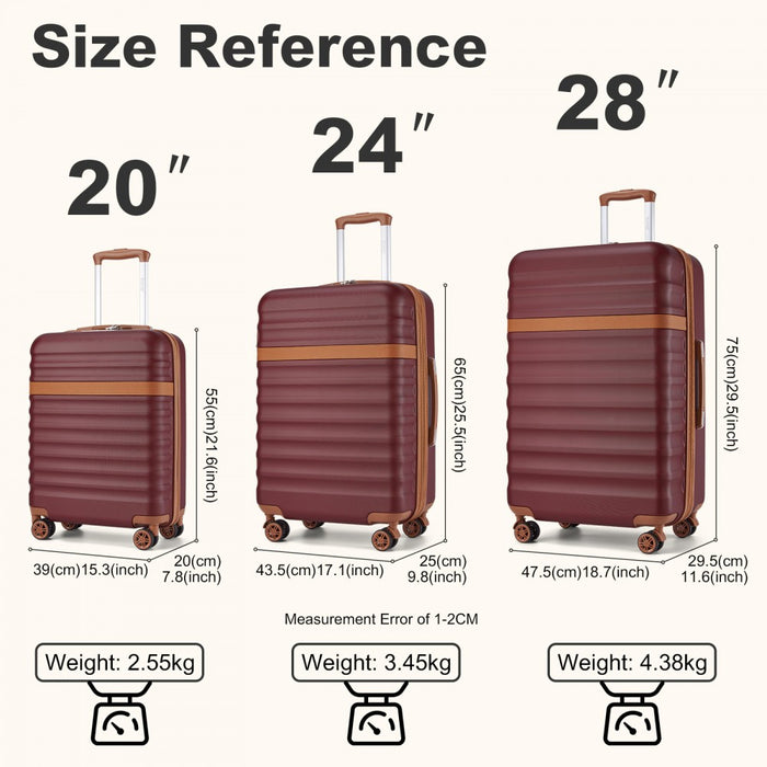 3-Piece Expandable Luggage Set Hard Shell ABS+PC Suitcases – 20/24/28-Inch – KSK2484 – Burgundy and Brown