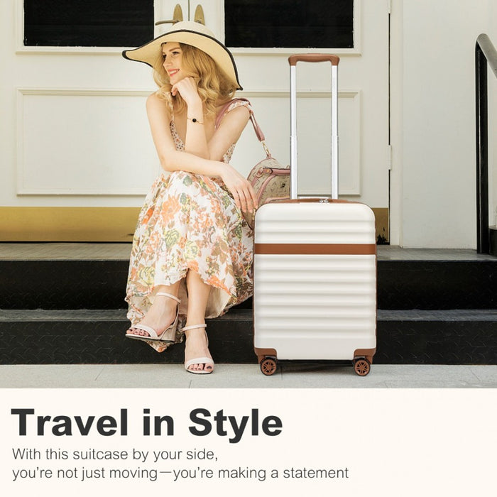 Lightweight ABS+PC Hard Shell Cabin Carry-On Suitcase with TSA Lock – 20-Inch – KSK2484 – Cream and Brown