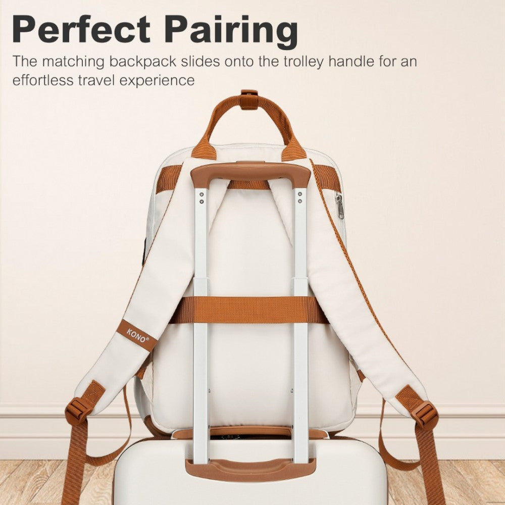KSK2484+EQ2401 - Kono 20 Inch Stylish Hard Shell ABS+PC Cabin Suitcase Included Multi-Compartment Backpack with Small Pouch 3 Piece Travel Set - Cream And Brown