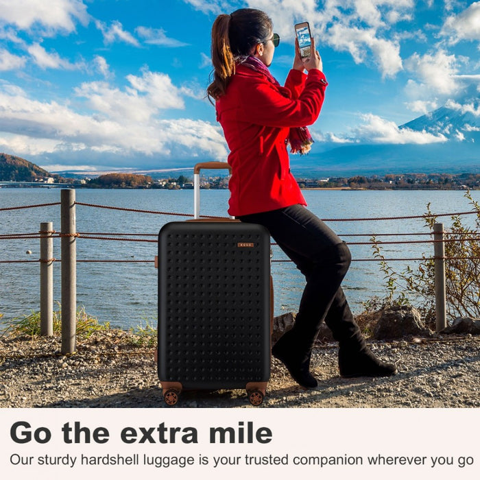4-Piece Polka Dot ABS+PC Hard Shell Suitcase Set with TSA Lock and Vanity Case – Black and Brown