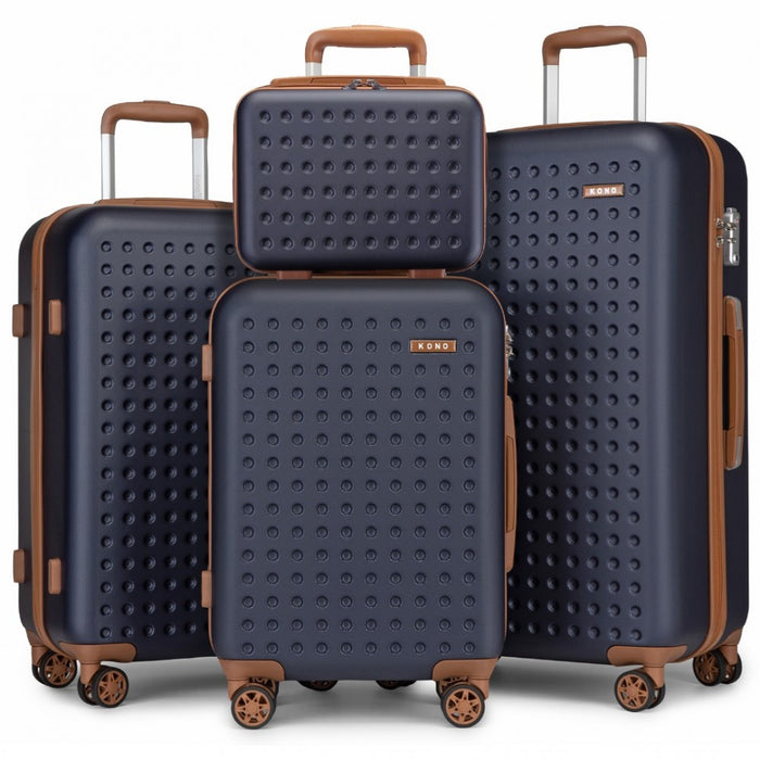4-Piece Polka Dot ABS+PC Hard Shell Suitcase Set with TSA Lock and Vanity Case – Navy and Brown