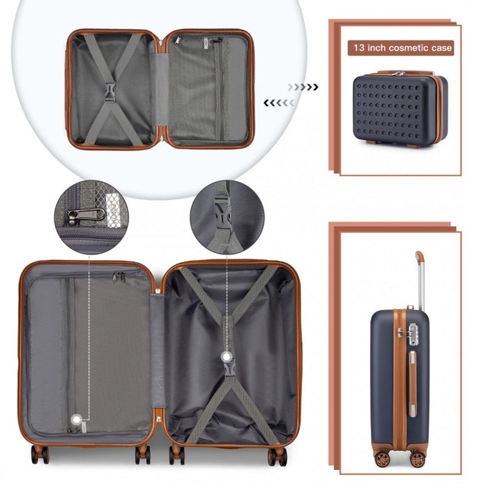 4-Piece Polka Dot ABS+PC Hard Shell Suitcase Set with TSA Lock and Vanity Case – Navy and Brown