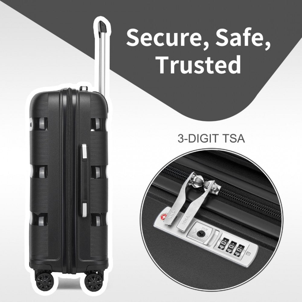 PP Hard Shell Carry-On Suitcase – 19-Inch – Lightweight Cabin Luggage with TSA Lock, 360° Silent Spinner Wheels – Black