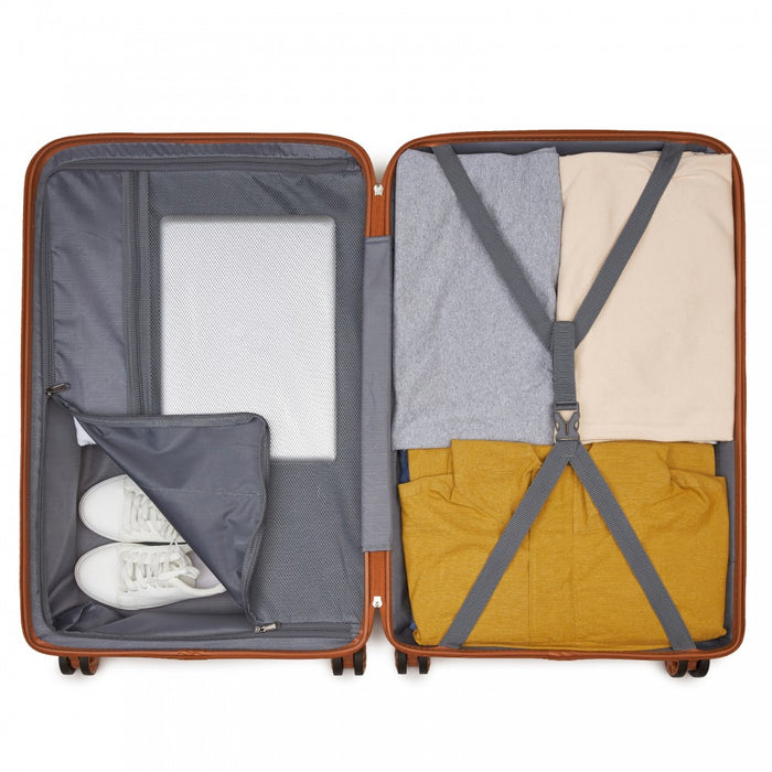 KSK2492 - Kono 4-Piece PP Hardshell Luggage Set–Durable Travel Suitcases with TSA Lock, 360° Spinner Wheels with Vanity Case - Cream and Brown