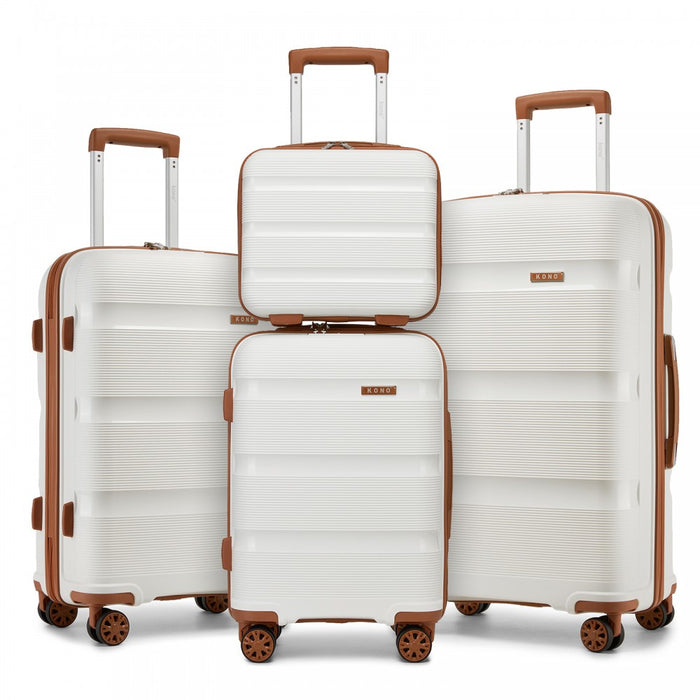 KSK2492 - Kono 4-Piece PP Hardshell Luggage Set–Durable Travel Suitcases with TSA Lock, 360° Spinner Wheels with Vanity Case - Cream and Brown