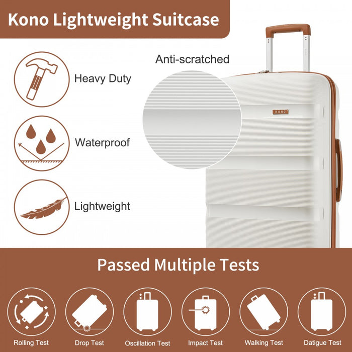 KSK2492 - Kono 4-Piece PP Hardshell Luggage Set–Durable Travel Suitcases with TSA Lock, 360° Spinner Wheels with Vanity Case - Cream and Brown