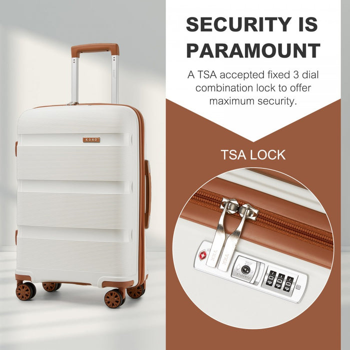 KSK2492 - Kono 28-Inch PP Hardshell Checked Luggage–Large Lightweight Suitcase with TSA Lock, 360° Spinner Wheels - Cream And Brown
