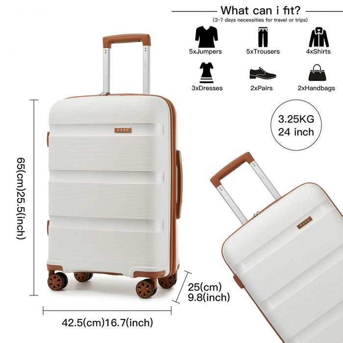 PP Hard Shell Suitcase – 24-Inch – Checked Luggage with TSA Lock and 360° Spinner Silent Wheels – Cream and Brown