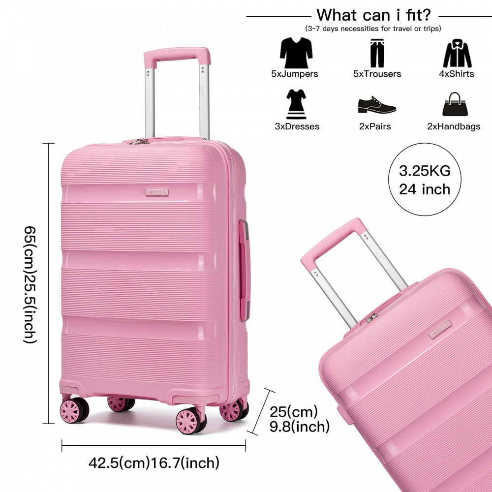 PP Hard Shell Suitcase – 24-Inch – Checked Luggage with TSA Lock and 360° Spinner Silent Wheels – Pink