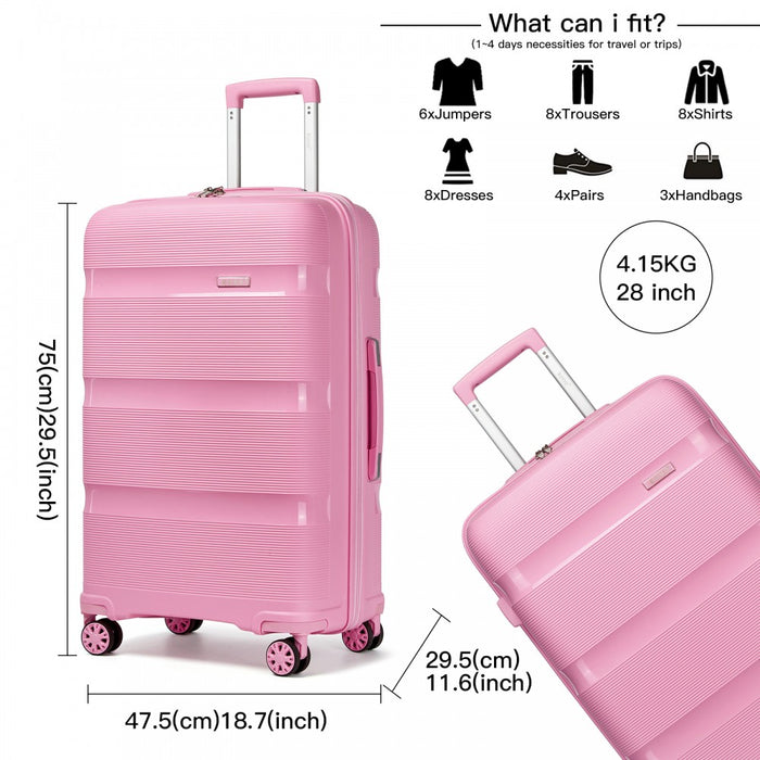 PP Hard Shell Checked Luggage – 28-Inch – Large Lightweight Suitcase with TSA Lock, 360° Spinner Wheels – Pink
