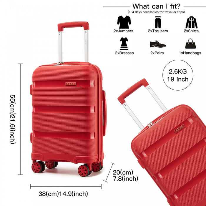 PP Hard Shell Carry-On Suitcase – 19-Inch – Lightweight Cabin Luggage with TSA Lock, 360° Silent Spinner Wheels – Red
