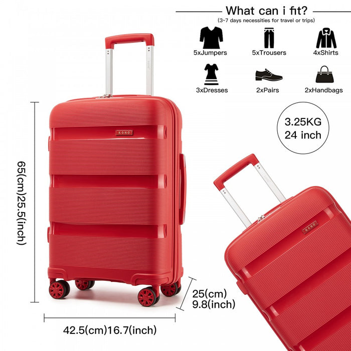 PP Hard Shell Suitcase – 24-Inch – Checked Luggage with TSA Lock and 360° Spinner Silent Wheels – Red
