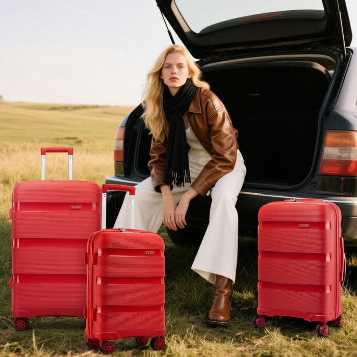 4-Piece PP Hard Shell Luggage Set – Travel Suitcases with TSA Lock, 360° Spinner Wheels with Vanity Case – Red
