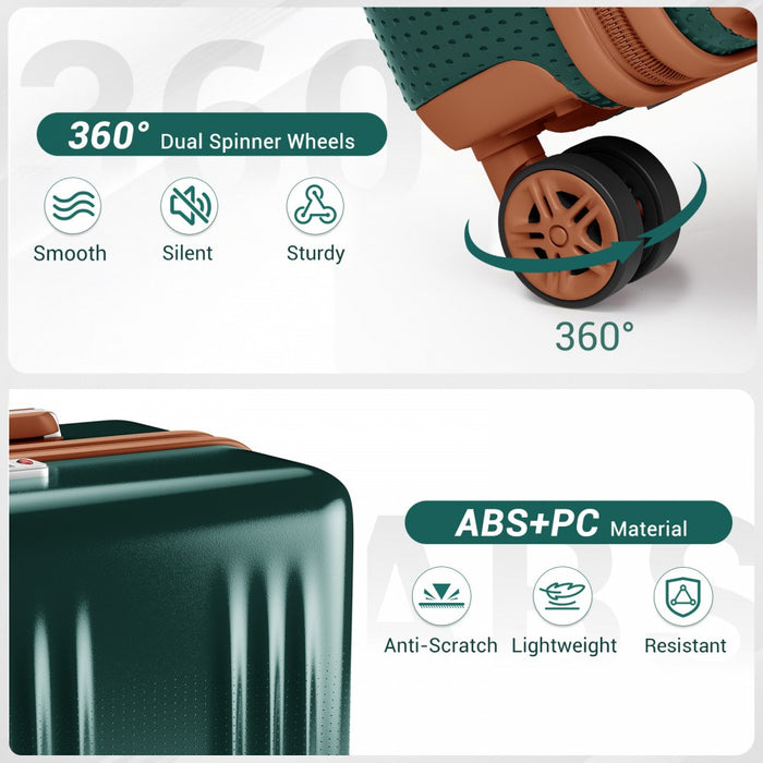 ABS+PC Hard Shell Cabin Suitcase with Smooth 360° Silent Spinner Wheels – 20-Inch – Green and Brown