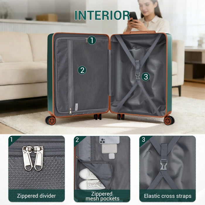 ABS+PC Hard Shell Cabin Suitcase with Smooth 360° Silent Spinner Wheels – 20-Inch – Green and Brown