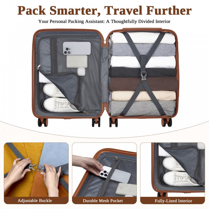 Scratch-Resistant Hard Shell Cabin Suitcase with Horizontal Stripe Design, Brown Accents – 20-Inch – Black and Brown
