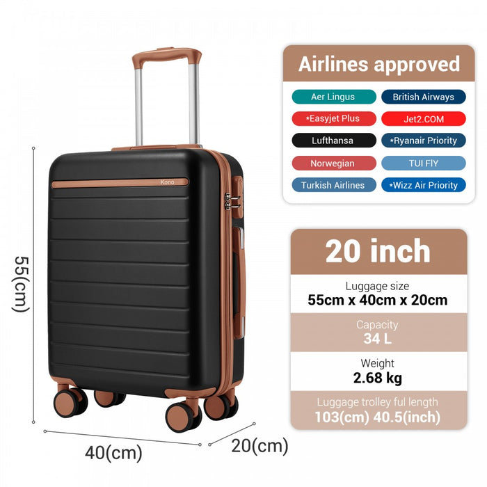 Scratch-Resistant Hard Shell Cabin Suitcase with Horizontal Stripe Design, Brown Accents – 20-Inch – Black and Brown