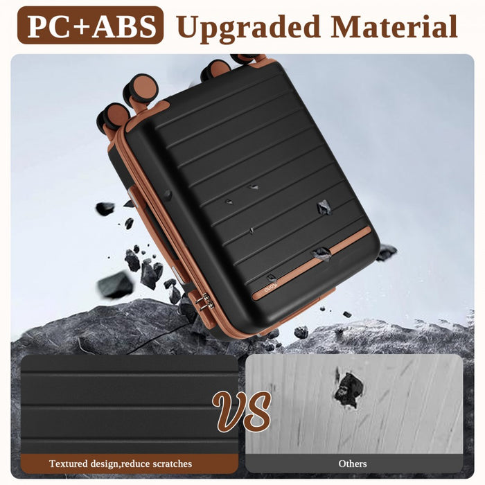 Scratch-Resistant Hard Shell Cabin Suitcase with Horizontal Stripe Design, Brown Accents – 20-Inch – Black and Brown