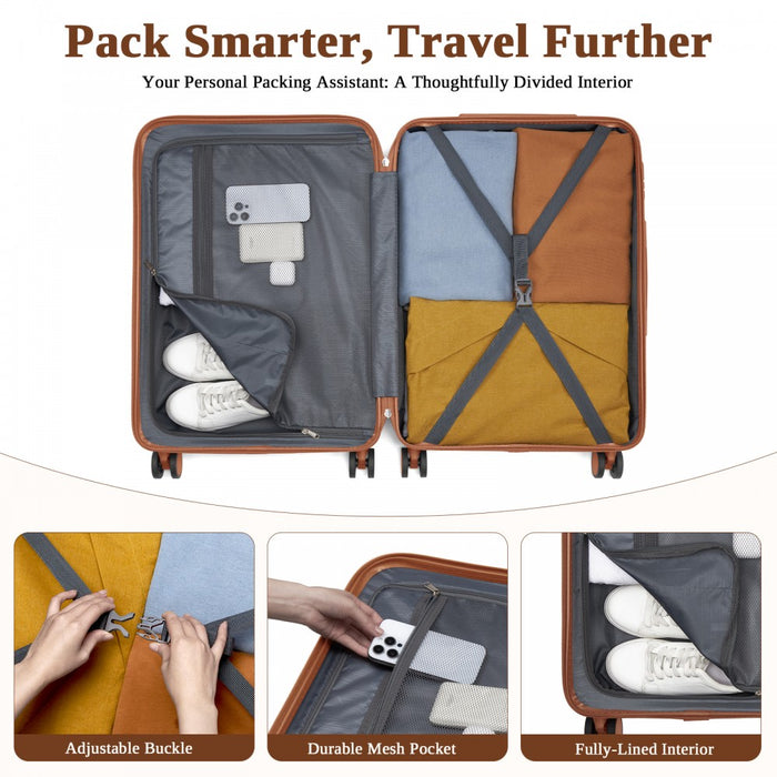 KSK2584 - Kono Scratch-Resistant 24-Inch Hard Shell Medium Check-In Suitcase with Horizontal Stripe Design, Brown Accents & Spinner Wheels - Black and Brown