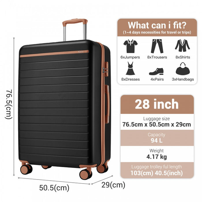 Scratch-Resistant Large Hard Shell Suitcase with Horizontal Stripe Design, Brown Accents – 28-Inch – Black and Brown