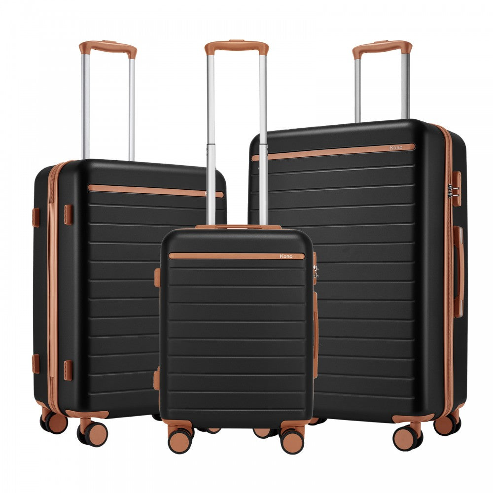 3-Piece Scratch-Resistant Hard Shell Luggage Set with Horizontal Stripe Design, Brown Accents – Black and Brown