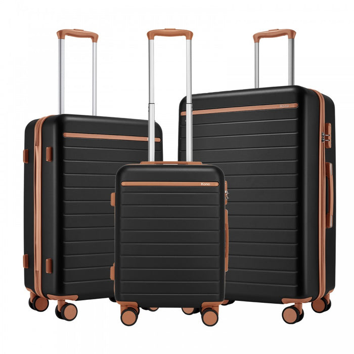 3-Piece Scratch-Resistant Hard Shell Luggage Set with Horizontal Stripe Design, Brown Accents – Black and Brown
