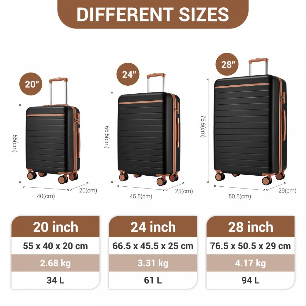 3-Piece Scratch-Resistant Hard Shell Luggage Set with Horizontal Stripe Design, Brown Accents – Black and Brown