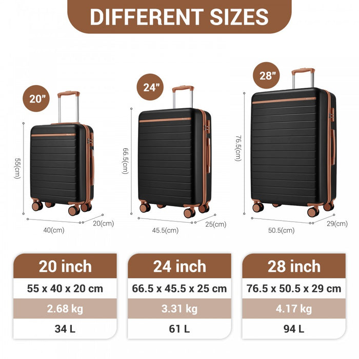 3-Piece Scratch-Resistant Hard Shell Luggage Set with Horizontal Stripe Design, Brown Accents – Black and Brown