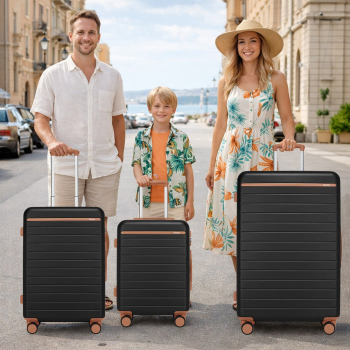 3-Piece Scratch-Resistant Hard Shell Luggage Set with Horizontal Stripe Design, Brown Accents – Black and Brown