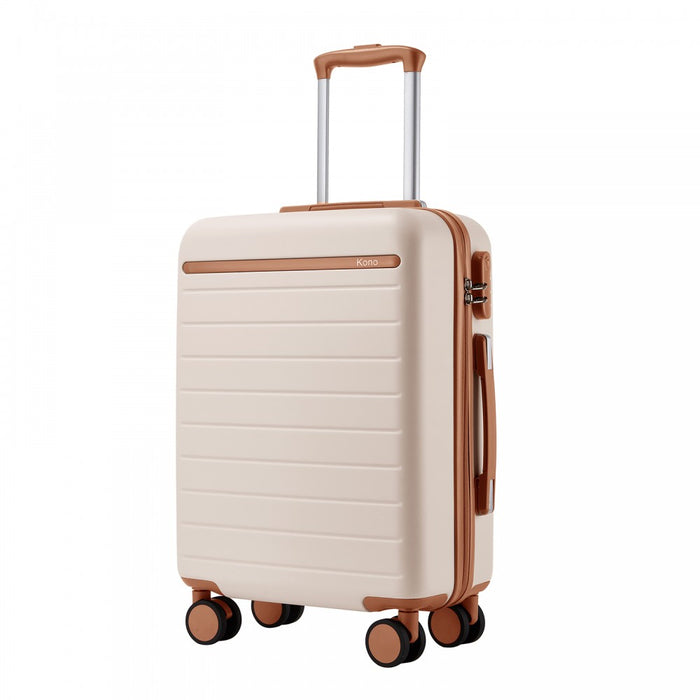 Scratch-Resistant Hard Shell Cabin Suitcase with Horizontal Stripe Design, Brown Accents – 20-Inch – Cream and Brown