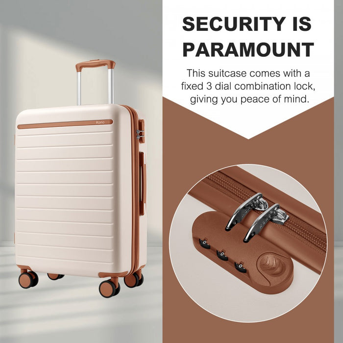 Scratch-Resistant Hard Shell Cabin Suitcase with Horizontal Stripe Design, Brown Accents – 20-Inch – Cream and Brown