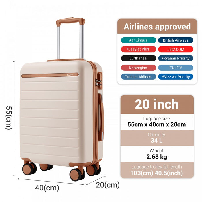 Scratch-Resistant Hard Shell Cabin Suitcase with Horizontal Stripe Design, Brown Accents – 20-Inch – Cream and Brown