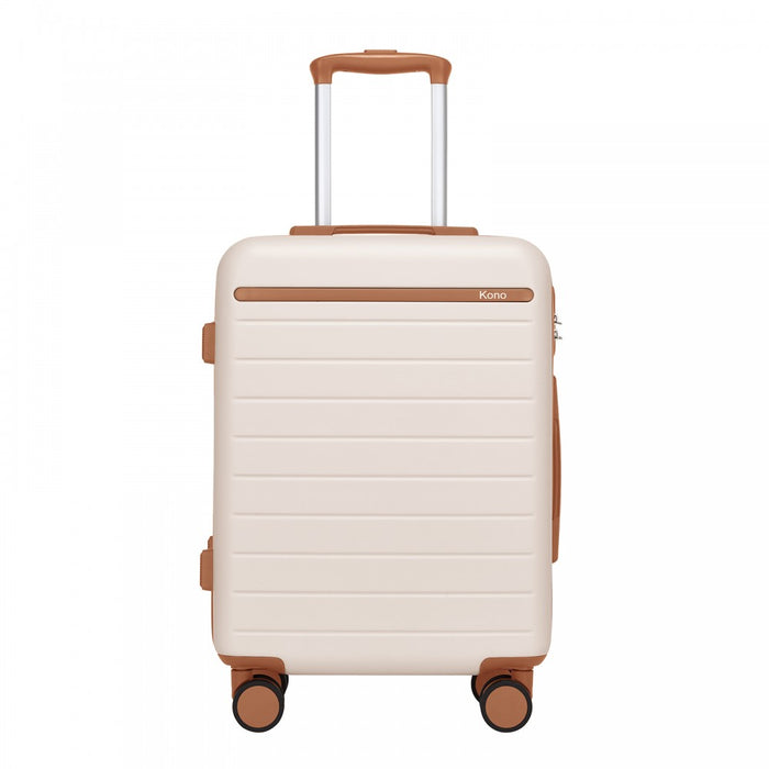 Scratch-Resistant Hard Shell Cabin Suitcase with Horizontal Stripe Design, Brown Accents – 20-Inch – Cream and Brown