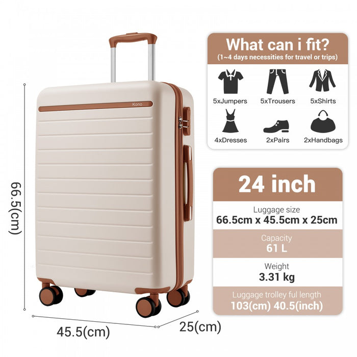 KSK2584 - Kono Scratch-Resistant 24-Inch Hard Shell Medium Check-In Suitcase with Horizontal Stripe Design, Brown Accents & Spinner Wheels - Cream and Brown