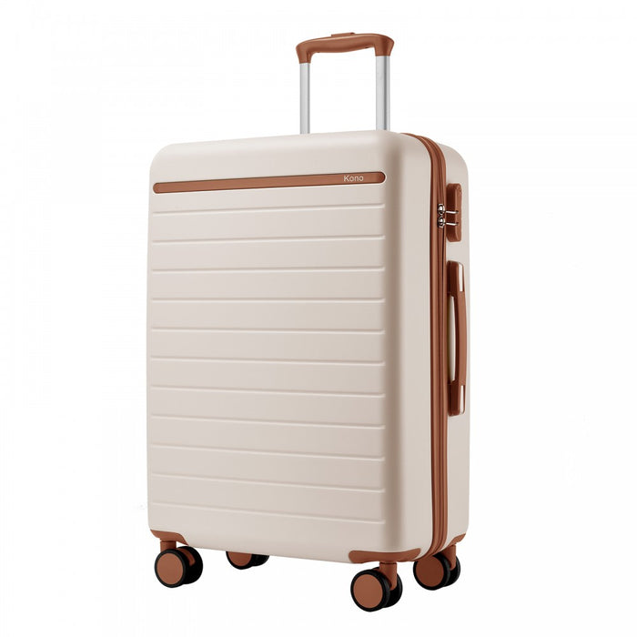 Scratch-Resistant Large Hard Shell Suitcase with Horizontal Stripe Design, Brown Accents – 28-Inch – Cream and Brown