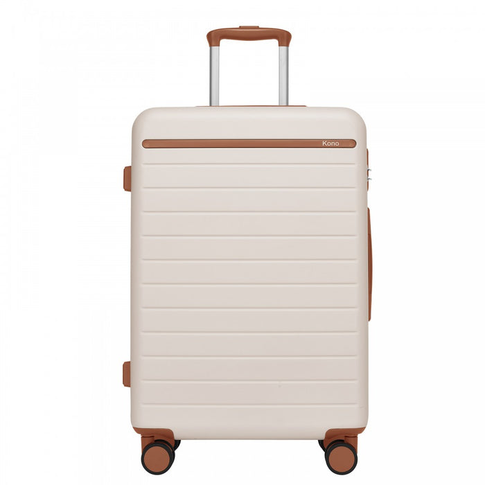 Scratch-Resistant Large Hard Shell Suitcase with Horizontal Stripe Design, Brown Accents – 28-Inch – Cream and Brown
