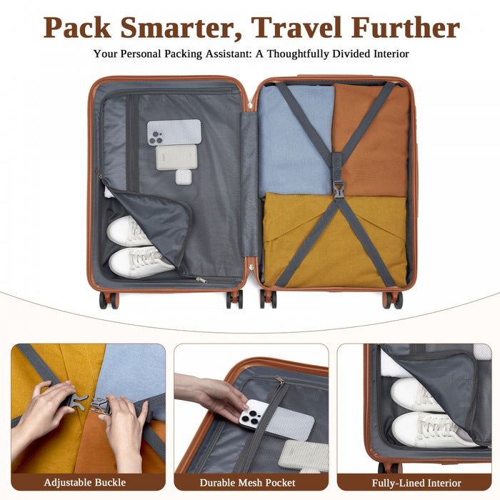 3-Piece Scratch-Resistant Hard Shell Luggage Set with Horizontal Stripe Design, Brown Accents – Cream and Brown