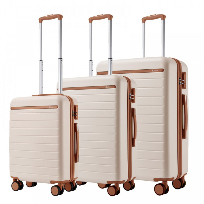 3-Piece Scratch-Resistant Hard Shell Luggage Set with Horizontal Stripe Design, Brown Accents – Cream and Brown