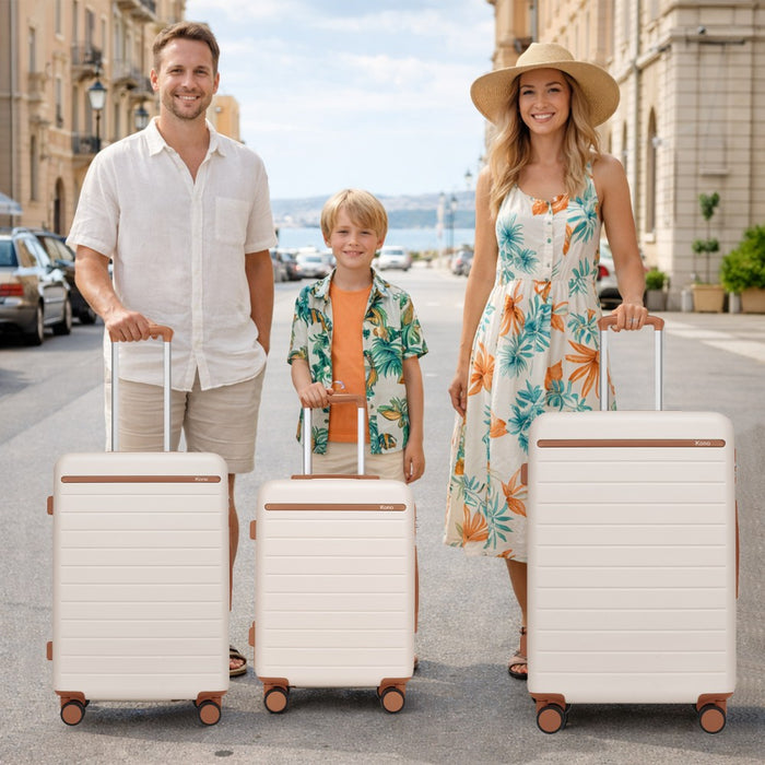 3-Piece Scratch-Resistant Hard Shell Luggage Set with Horizontal Stripe Design, Brown Accents – Cream and Brown