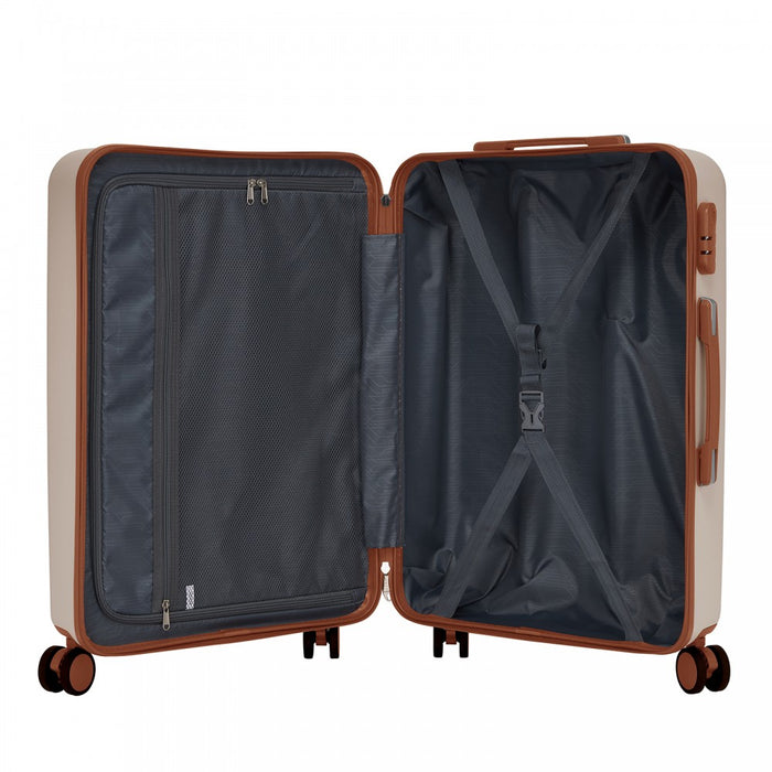 3-Piece Scratch-Resistant Hard Shell Luggage Set with Horizontal Stripe Design, Brown Accents – Cream and Brown