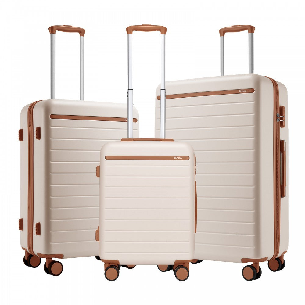 3-Piece Scratch-Resistant Hard Shell Luggage Set with Horizontal Stripe Design, Brown Accents – Cream and Brown