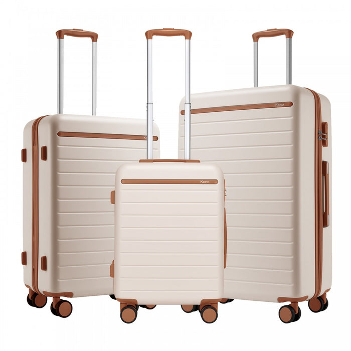 3-Piece Scratch-Resistant Hard Shell Luggage Set with Horizontal Stripe Design, Brown Accents – Cream and Brown
